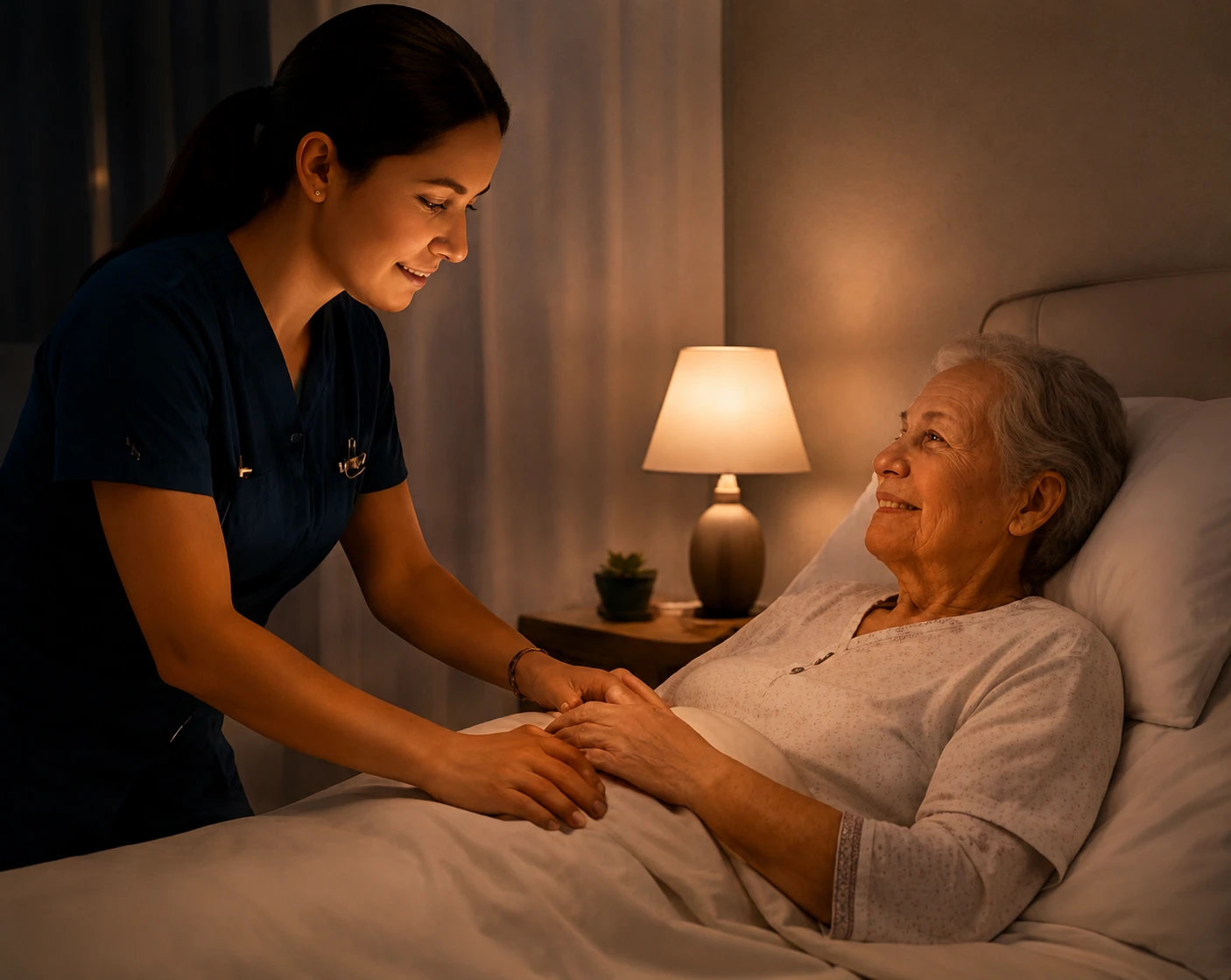 Auxiliar de enfermería brindando atención nocturna