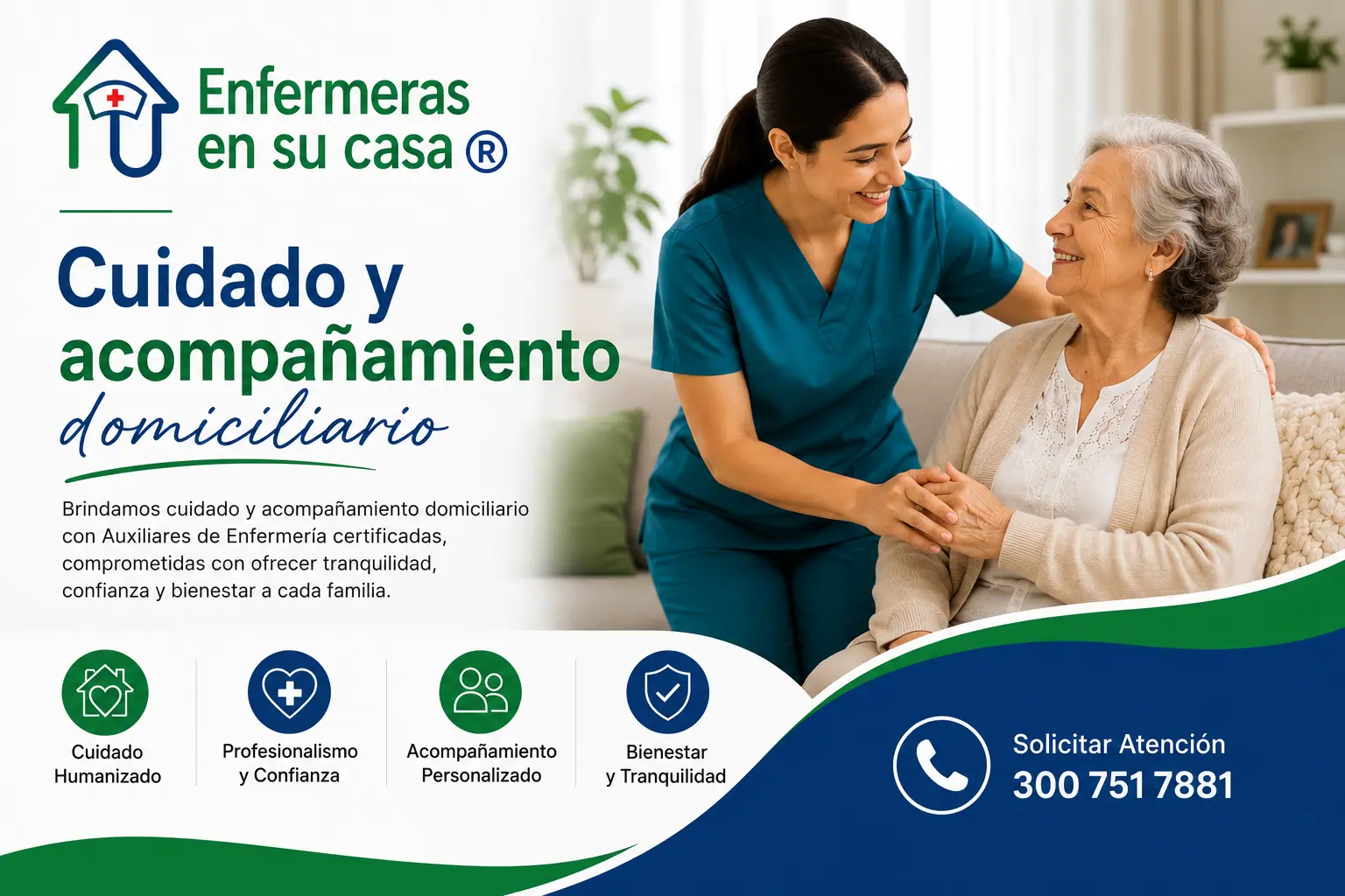 Auxiliar de Enfermería de Enfermeras En Su Casa® brindando cuidado domiciliario