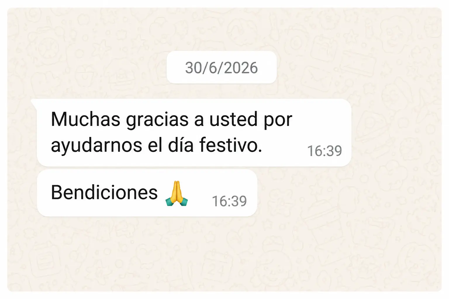 Mensaje de agradecimiento recibido por WhatsApp